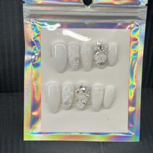 Short almond white bling press on