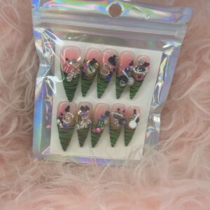 XL stiletto green zebra bling nail
